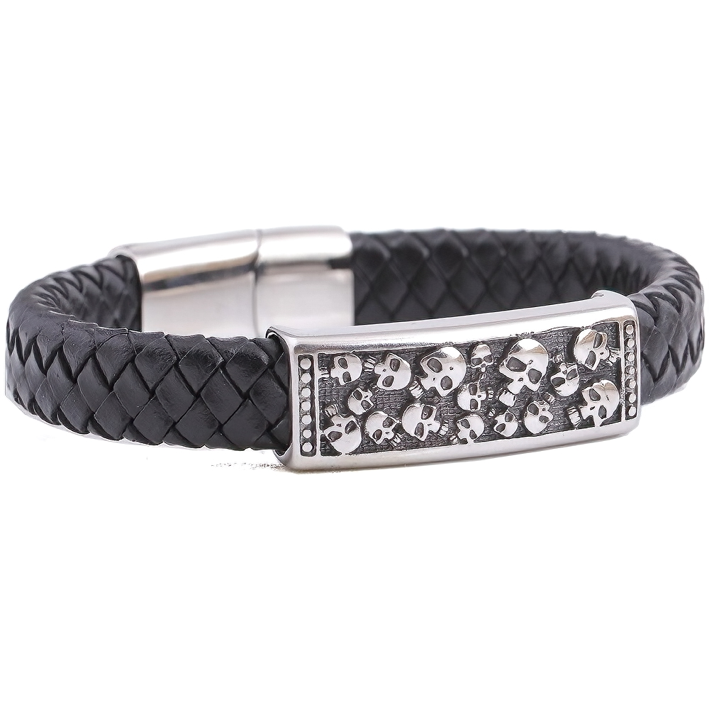 Fashionable genuine leather skull bracelet for men in gothic punk style, featuring woven design and stainless steel accents.