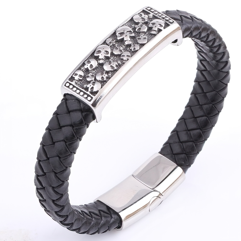 Genuine leather men's bracelet with skull pattern stainless steel, perfect for rock punk and gothic style outfits.