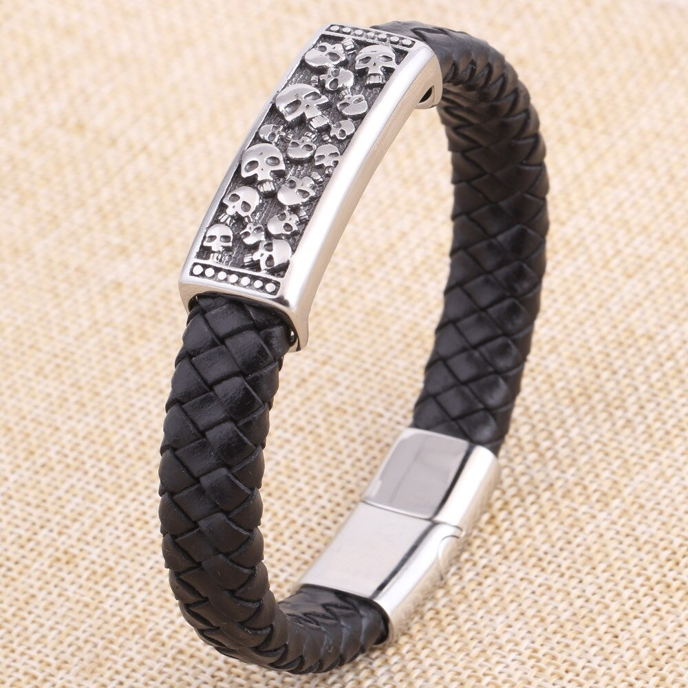 Men's gothic leather bracelet with skull decoration, stylish rock punk jewelry for edgy fashion.