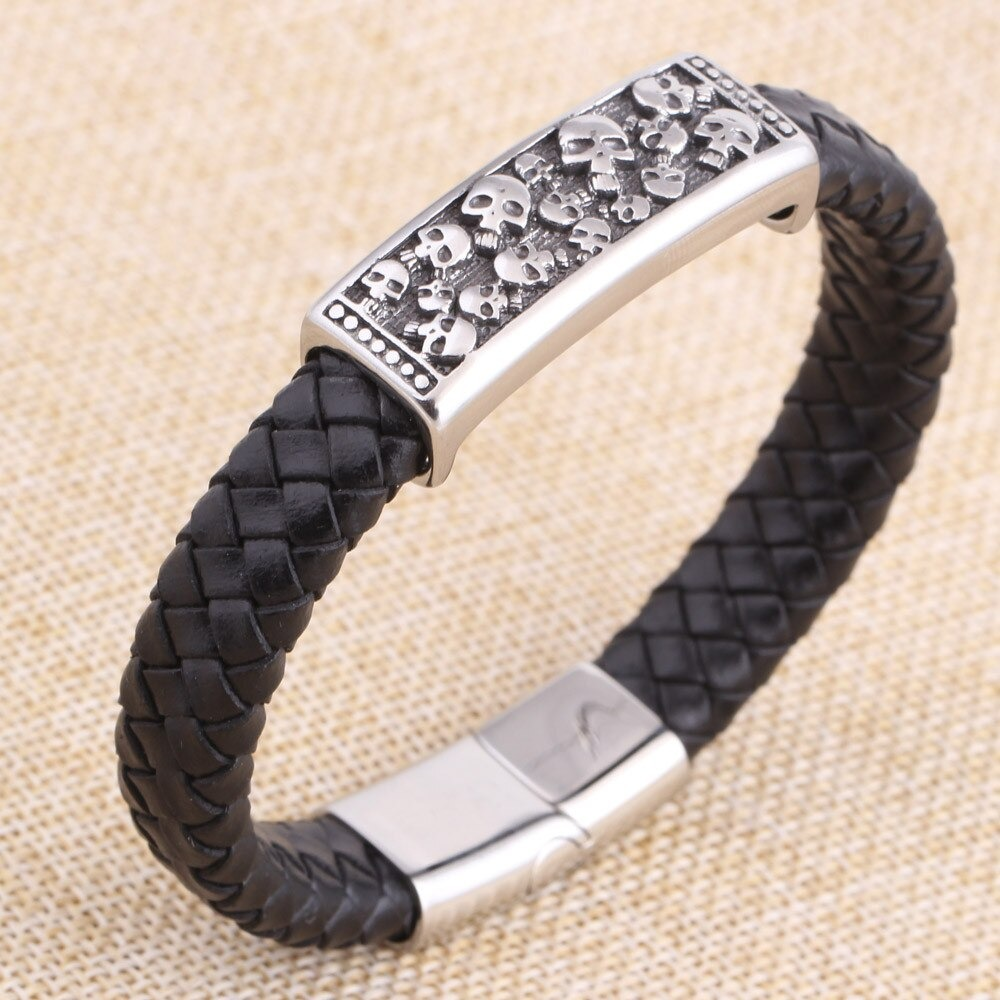 Men's gothic style leather bracelet with skull metal insert, perfect for rock punk fashion.