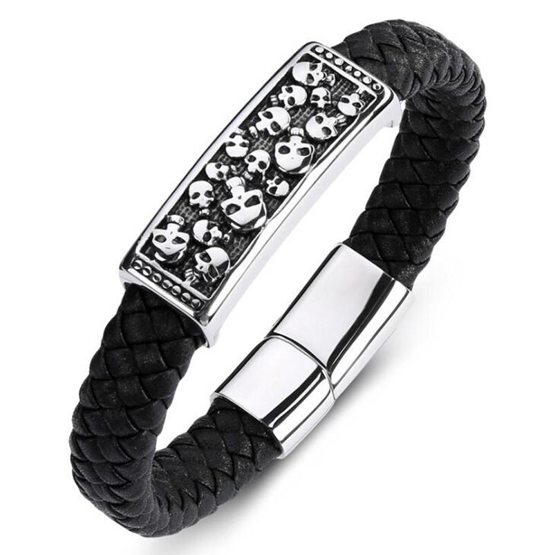 Men's gothic leather bracelet with skull design and stainless steel clasp for punk fashion.