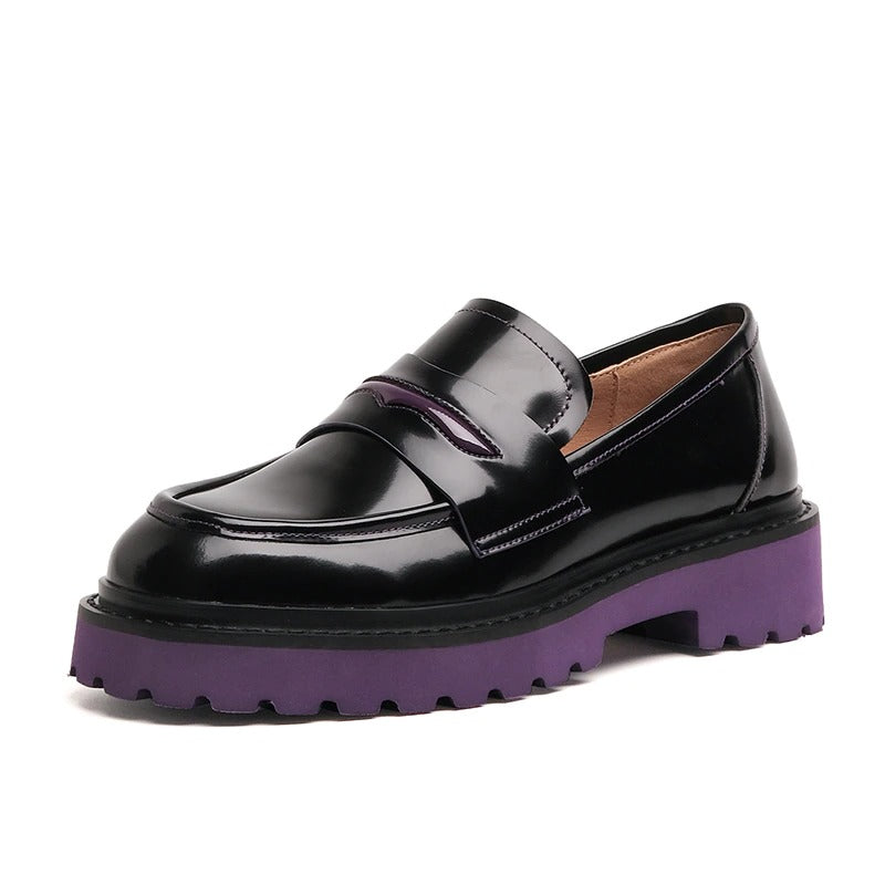 Fashion genuine leather women's black pumps with purple platform, stylish and comfortable footwear for casual outfits.