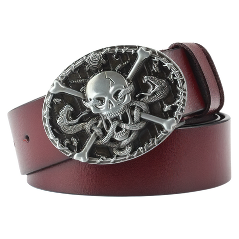 Fashion goth belt made of genuine leather featuring a stylish skull buckle with crossbones and cobra design.