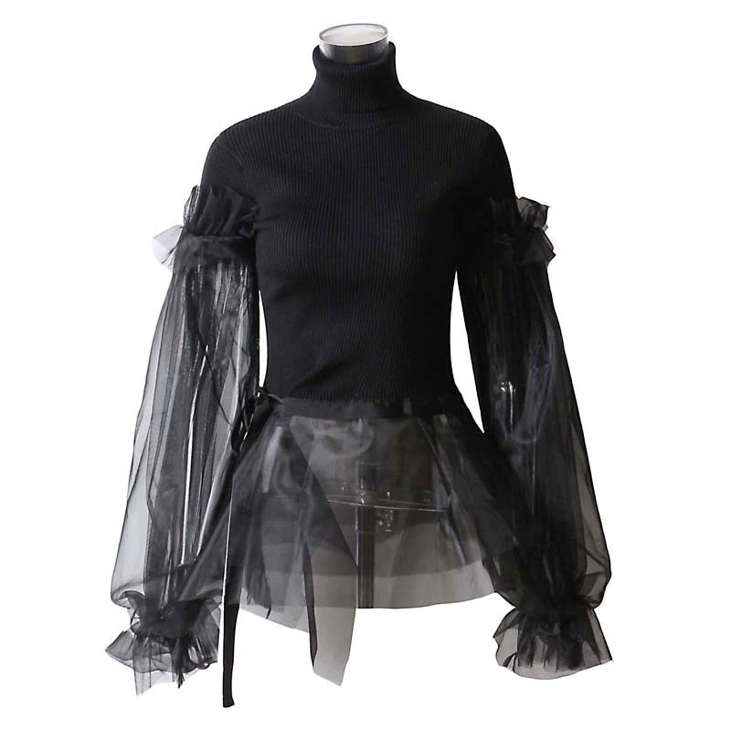Black gothic turtleneck sweater with sheer long sleeves and stylish design, ideal for alternative fashion lovers.