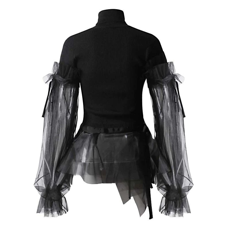Black Gothic turtleneck sweater with tulle sleeves for women, perfect for alternative fashion and performance outfits.