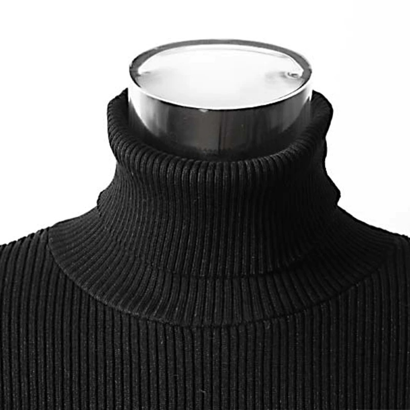 Close-up of a black women's turtleneck sweater with ribbed texture, perfect for gothic and alternative fashion styles.