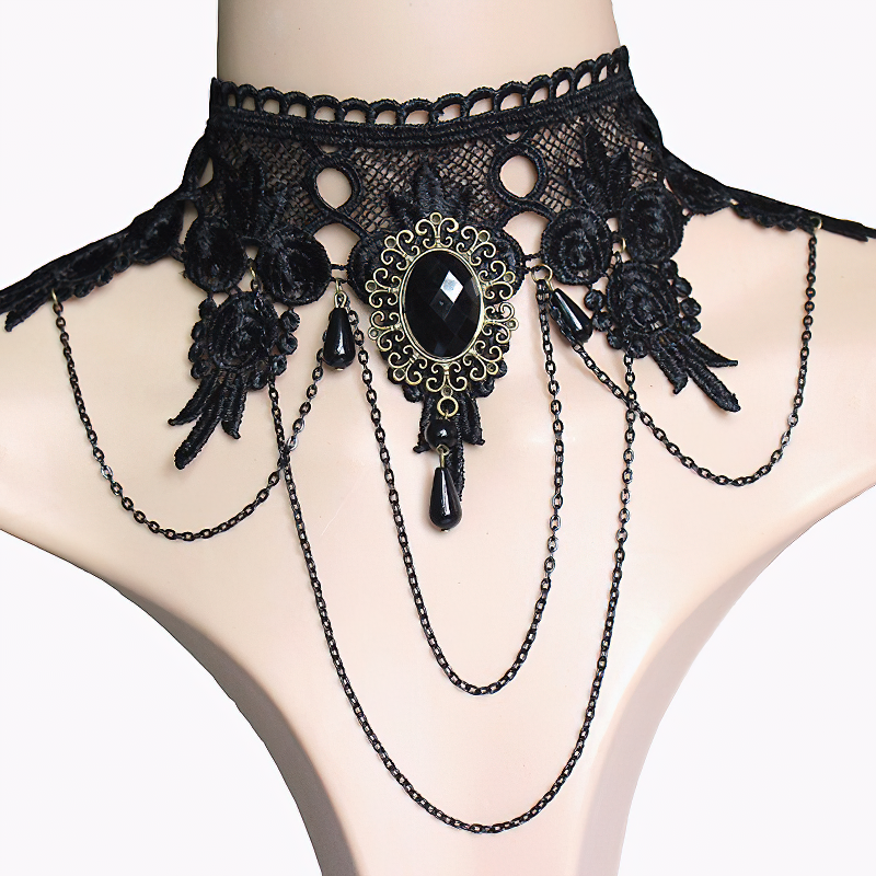 Fashion Gothic Lace Necklace for Women / Vintage Jewelry with Black Big Stone - HARD'N'HEAVY