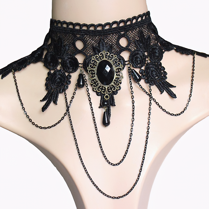 Gothic lace necklace with black stone, vintage style choker for women, perfect accessory for gothic and fancy looks.