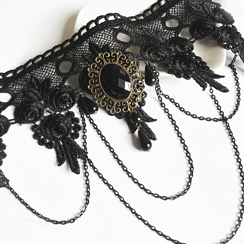 Gothic lace choker necklace with black stone and chains, perfect for vintage and gothic outfits.