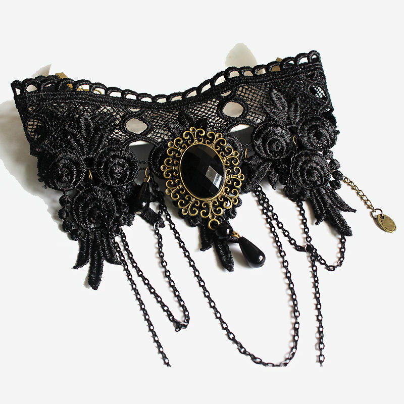 Fashion Gothic lace necklace for women featuring a big black stone and intricate floral design, perfect for vintage style.