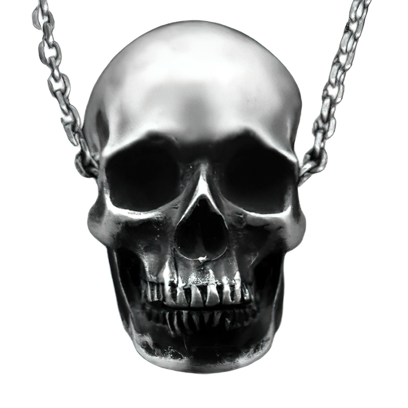 Gothic skull pendant necklace in silver color, perfect for unisex fashion and enhancing gothic outfits.