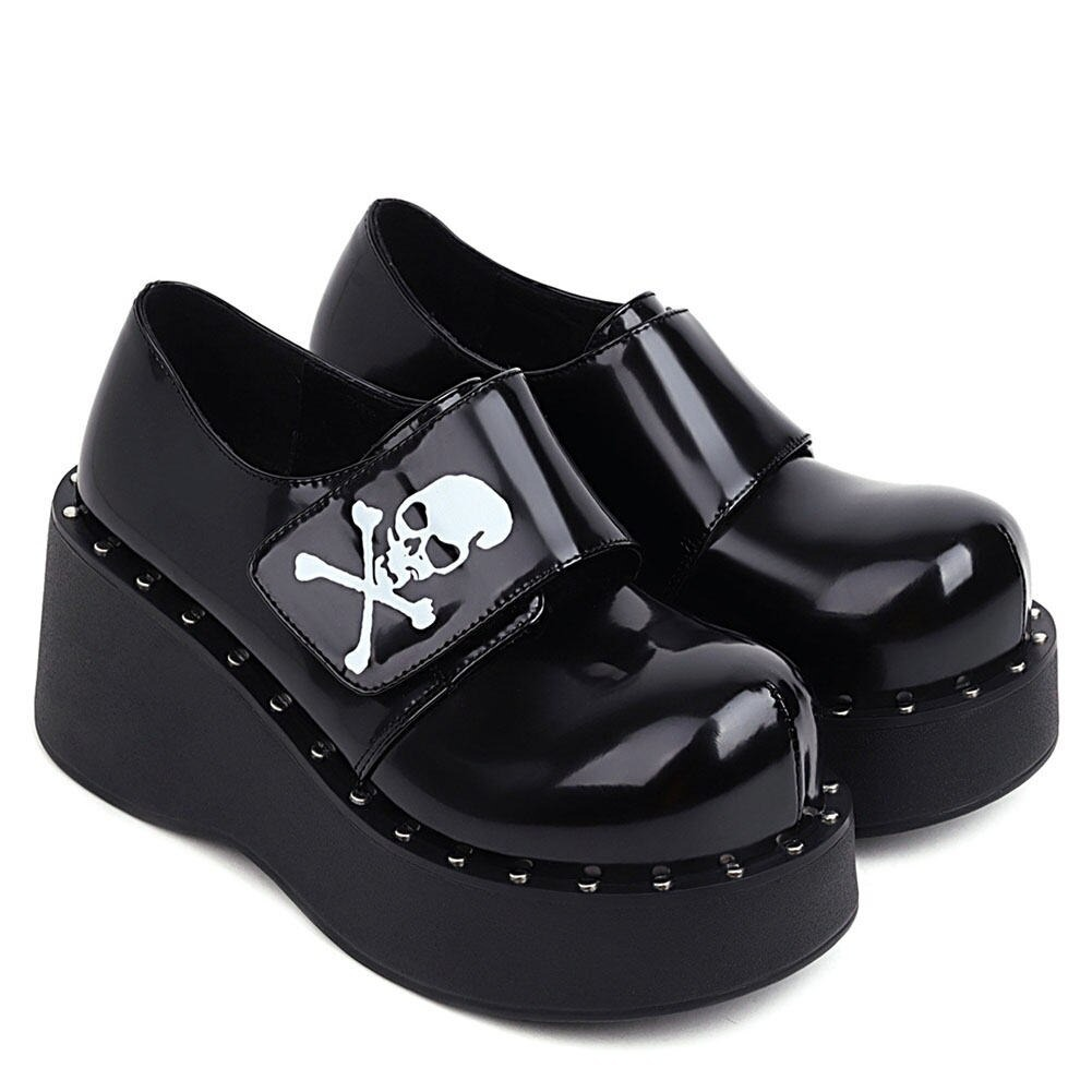 Fashion Gothic platform shoes for women featuring velcro and skull design, crafted in glossy patent black leather.