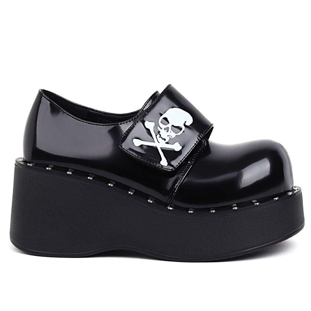 Gothic platform shoes for women made of patent leather with skull design and hook loop, perfect for edgy fashion statements.