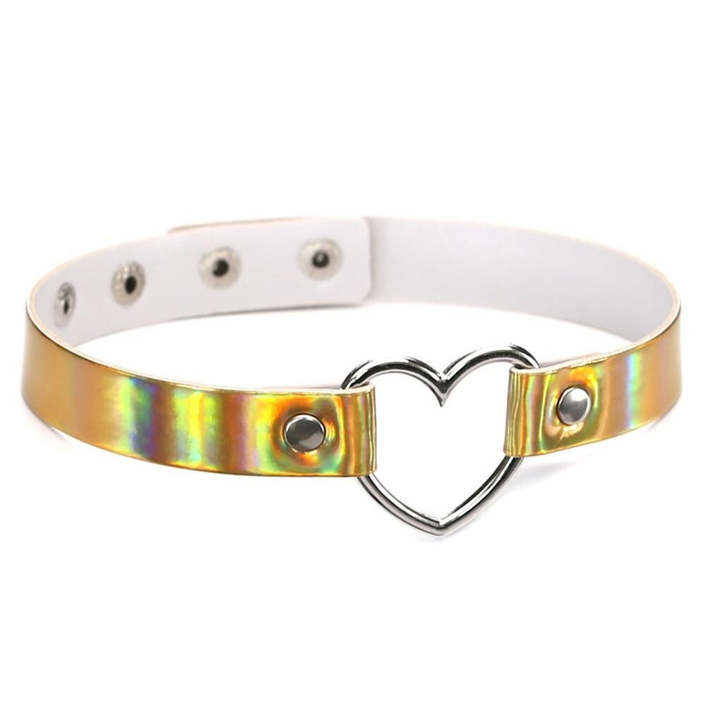 Trendy holographic choker necklace with heart detail, perfect for adding flair to any outfit.