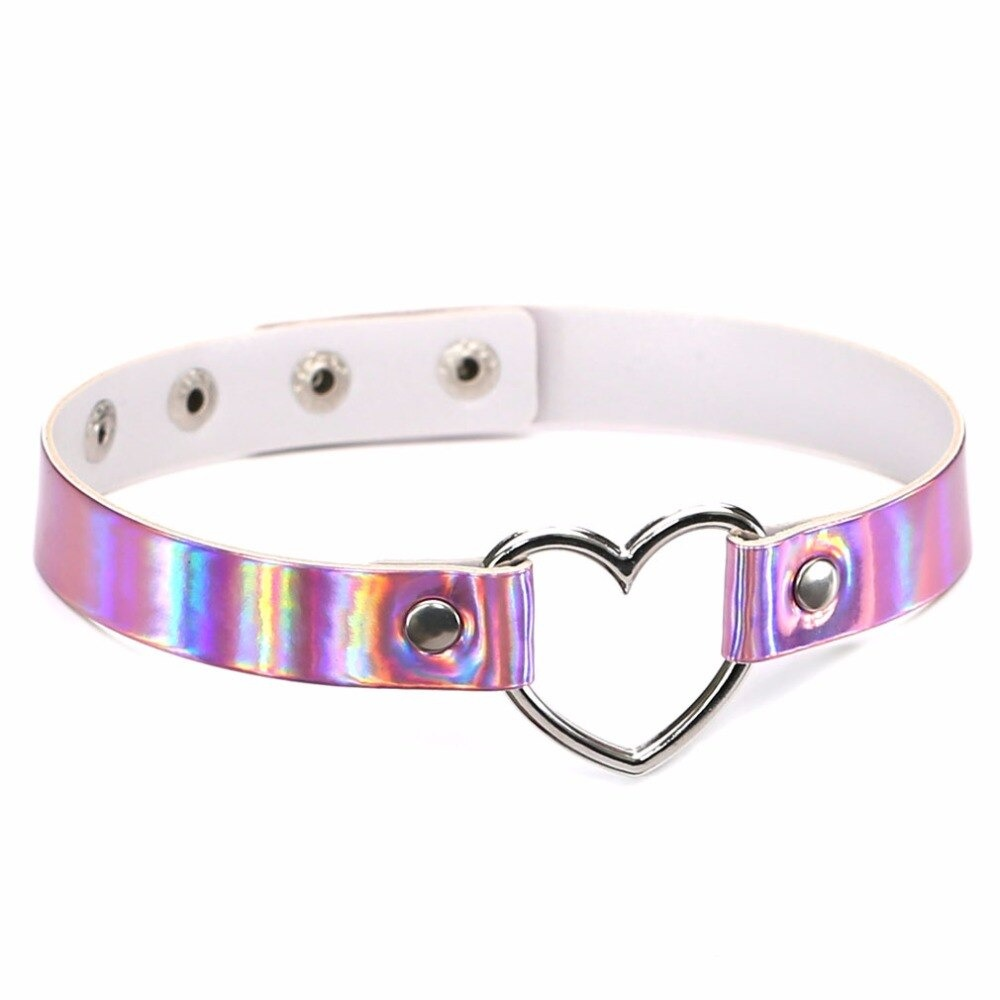 Fashion holographic choker necklace with heart detail in trendy shades, perfect for a chic gothic look.