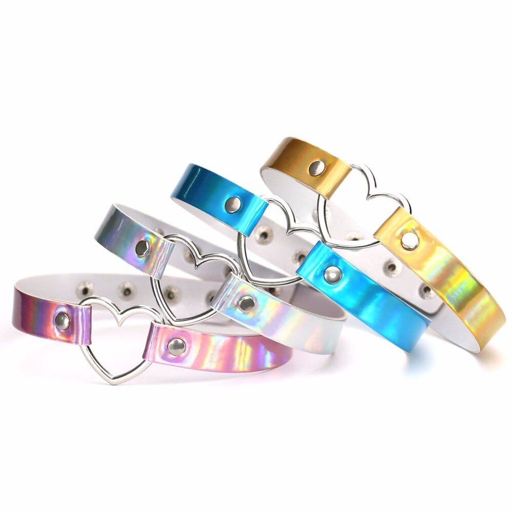 Fashion holographic choker necklaces with heart detail in various colors, perfect for trendy outfits and gothic styles.
