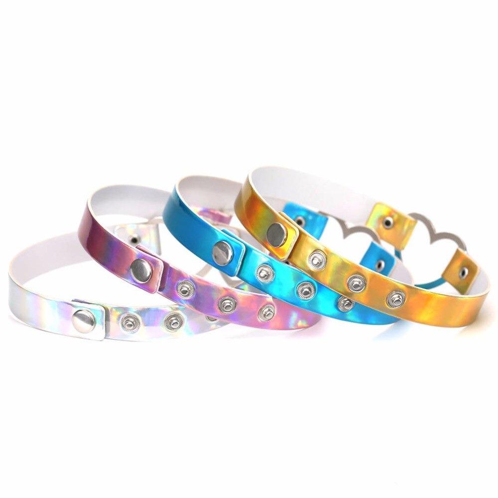 Colorful holographic choker necklaces with heart detail - trendy gothic collars for women in various shades.