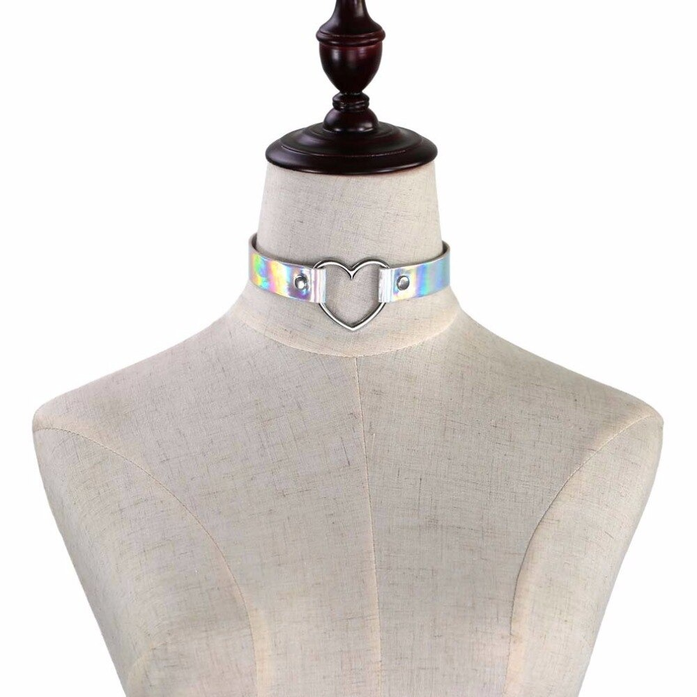 Fashion holographic choker necklace with heart detail on a mannequin, perfect for trendy gothic outfits.