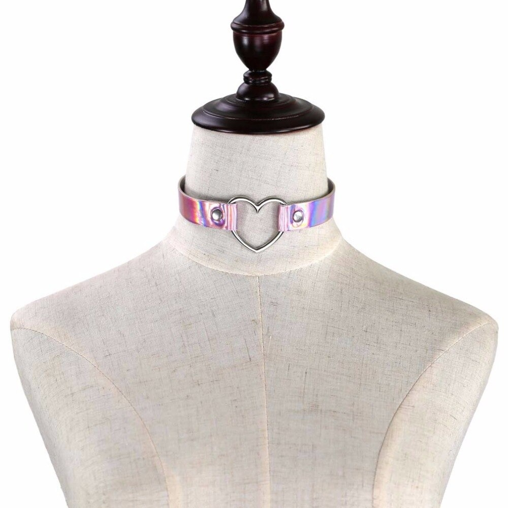 Trendy holographic choker necklace with heart detail on a mannequin, perfect for stylish women.
