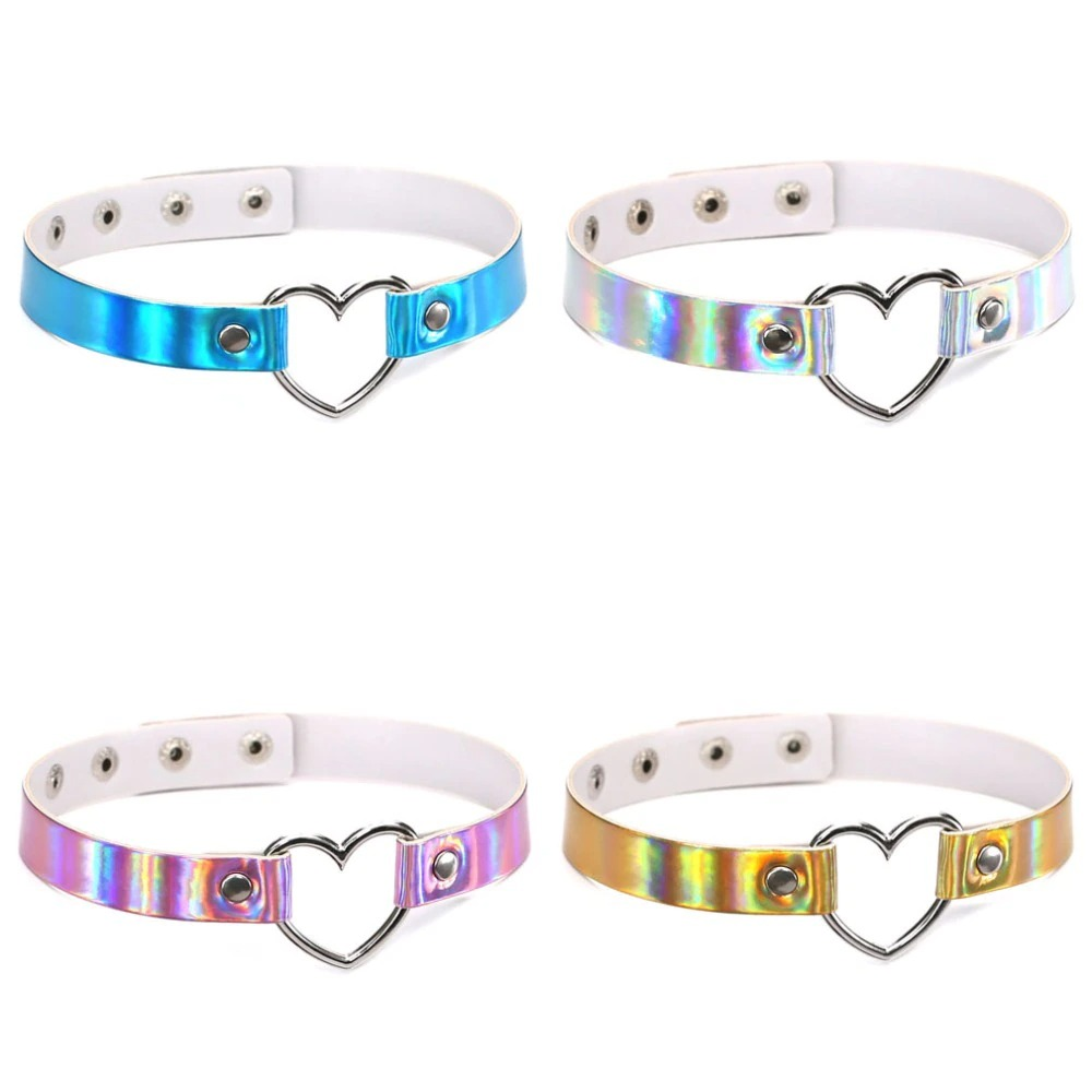 Fashion holographic choker necklace set with heart detail in blue, pink, and gold colors, perfect for trendy outfits.