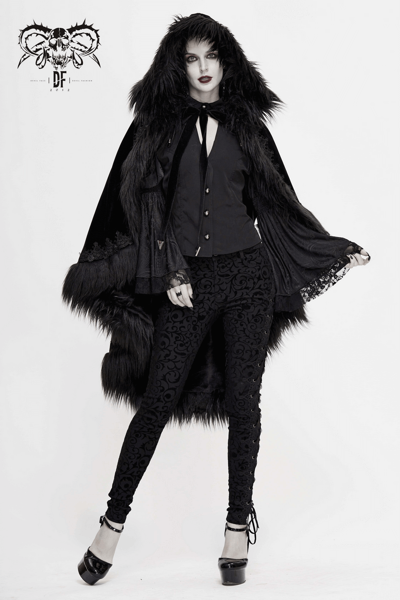 Stylish women's black velvet cloak with a hood and fur details, perfect for gothic-inspired outfits.