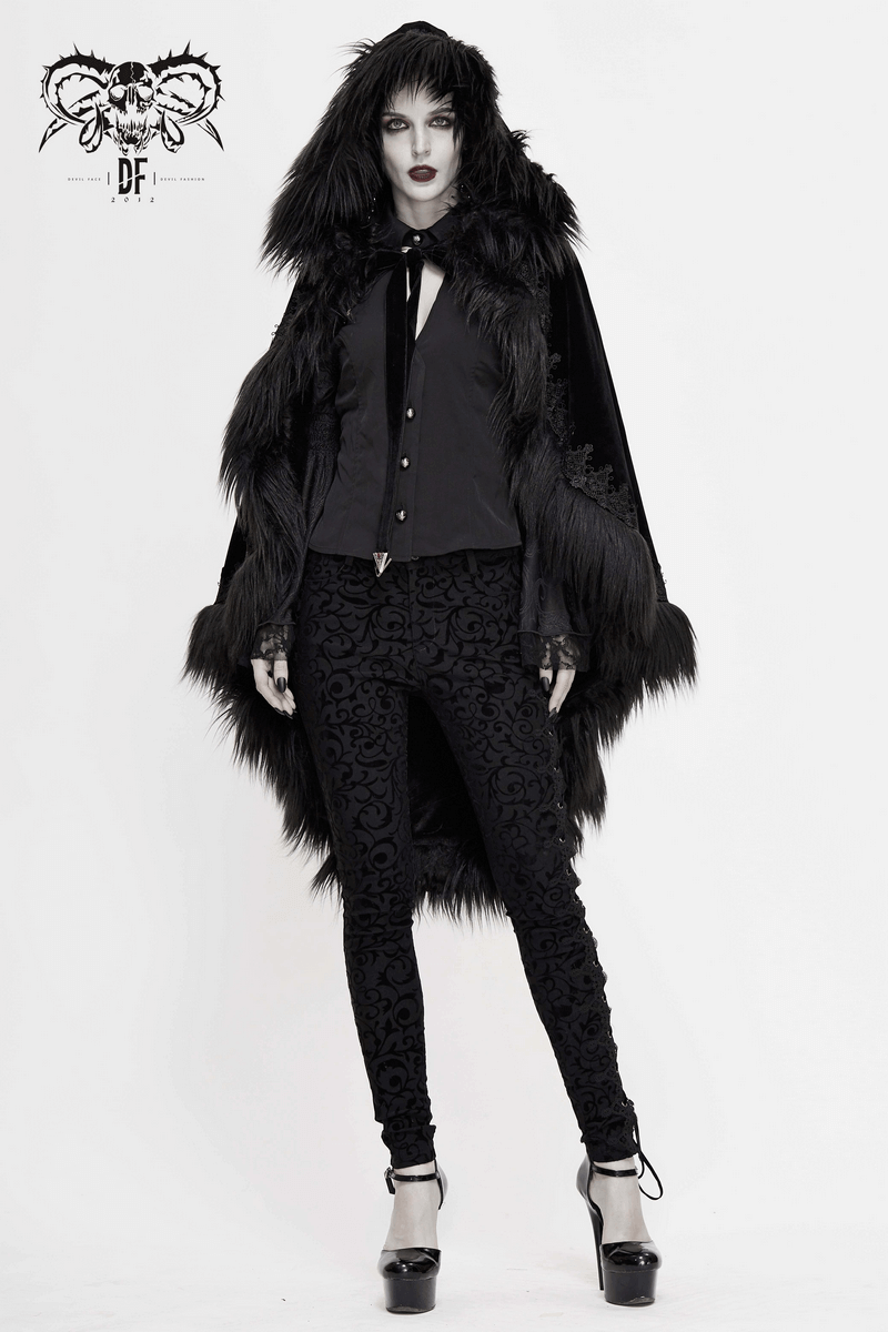 Fashionable woman in a gothic black velvet cloak with fur accents, showcasing a stylish outfit with elegant heels.
