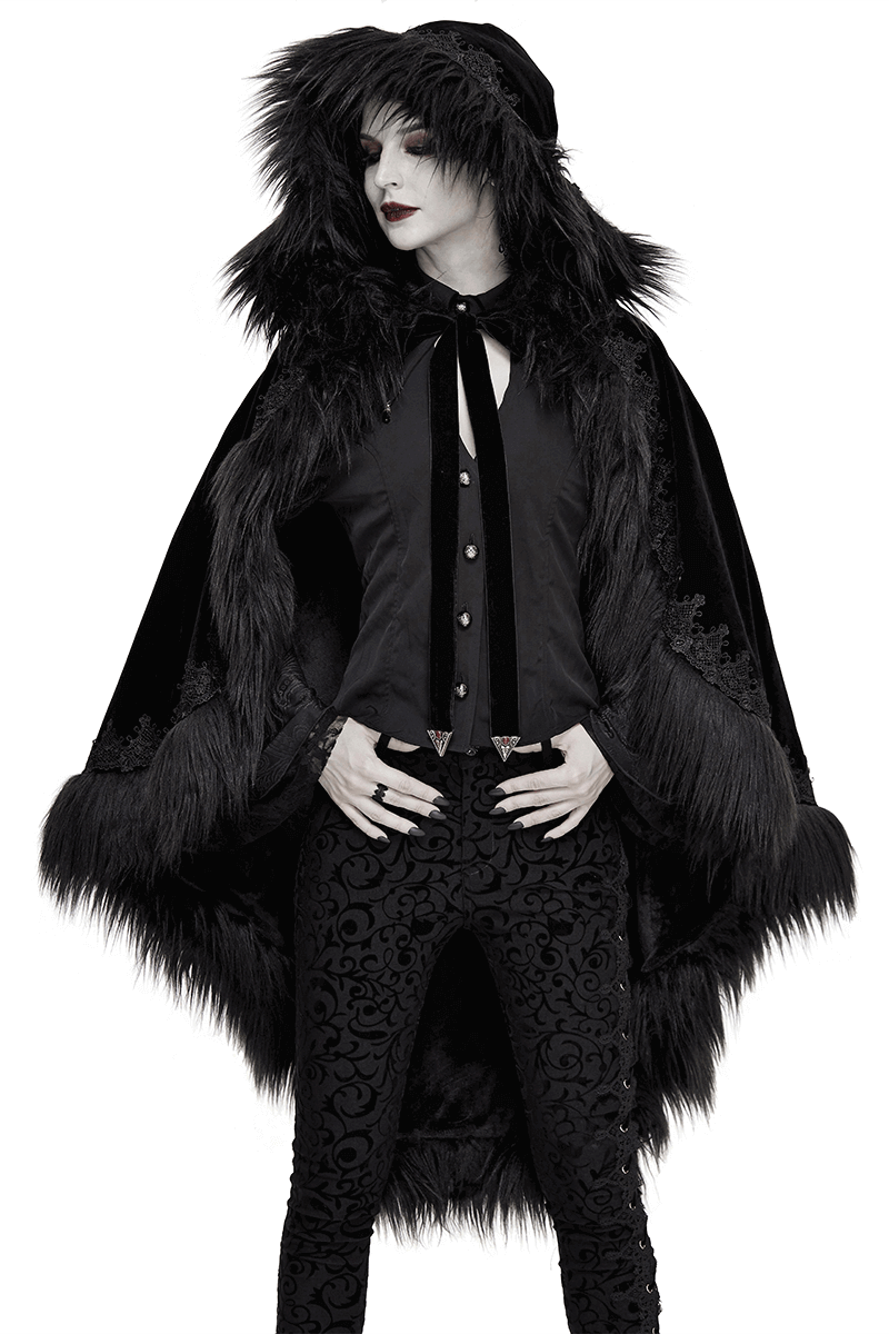 Chic women's gothic hooded cloak in black velvet with fur, perfect for creating fashionable outfits.