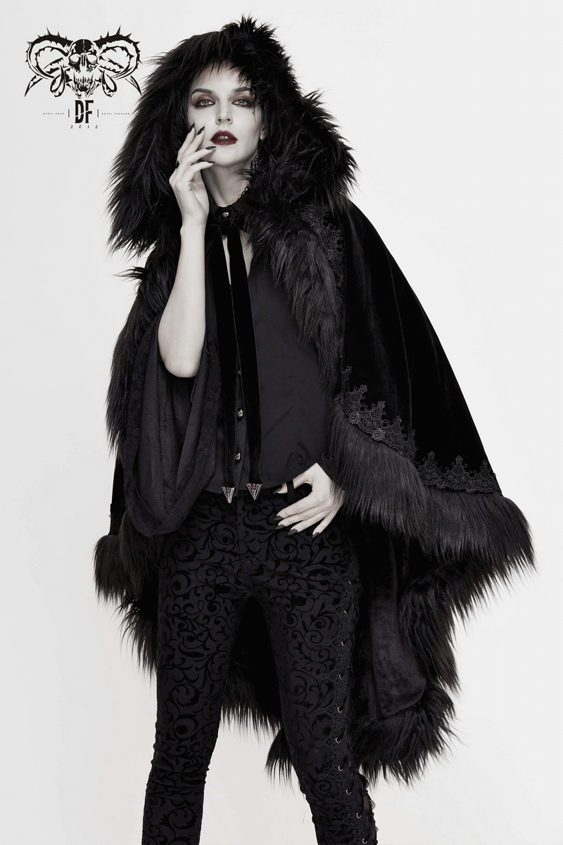 Fashionable women's black velvet hooded cloak with fur inserts in gothic style, perfect for chic outfits.