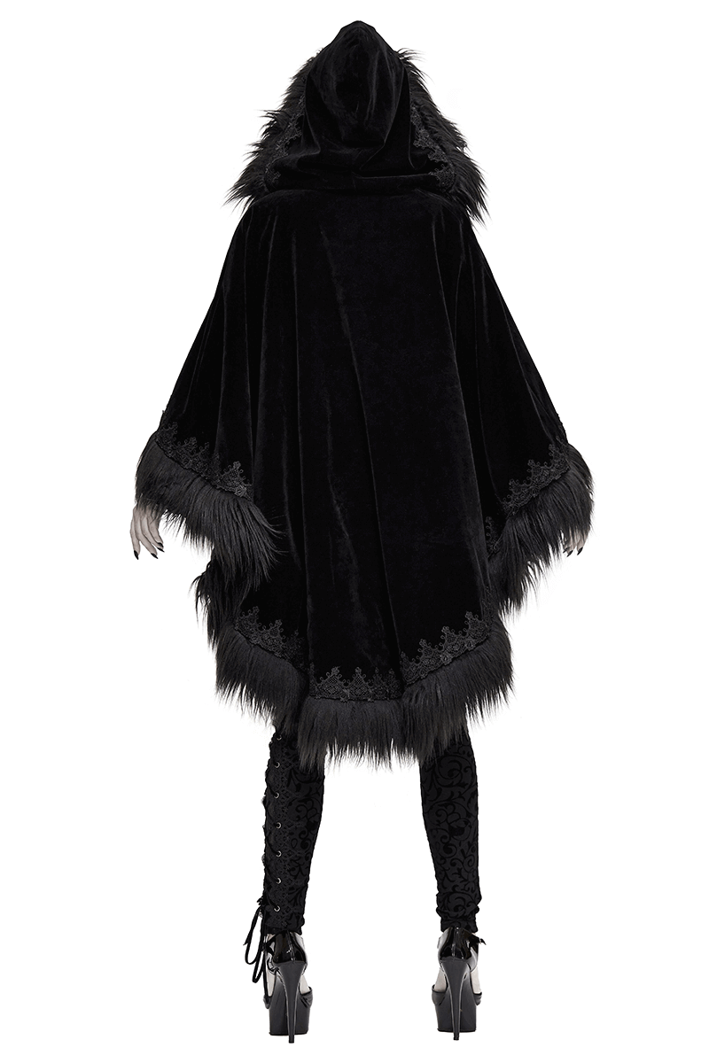 Stylish black velvet hooded cloak for women with fur trim, perfect for gothic fashion, featuring a chic oversized design.