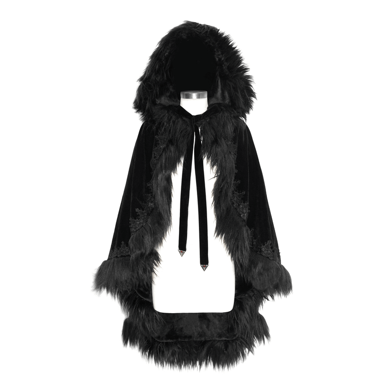Elegant women's black velvet hooded cloak with fur trim, perfect for gothic fashion and stylish outfits.