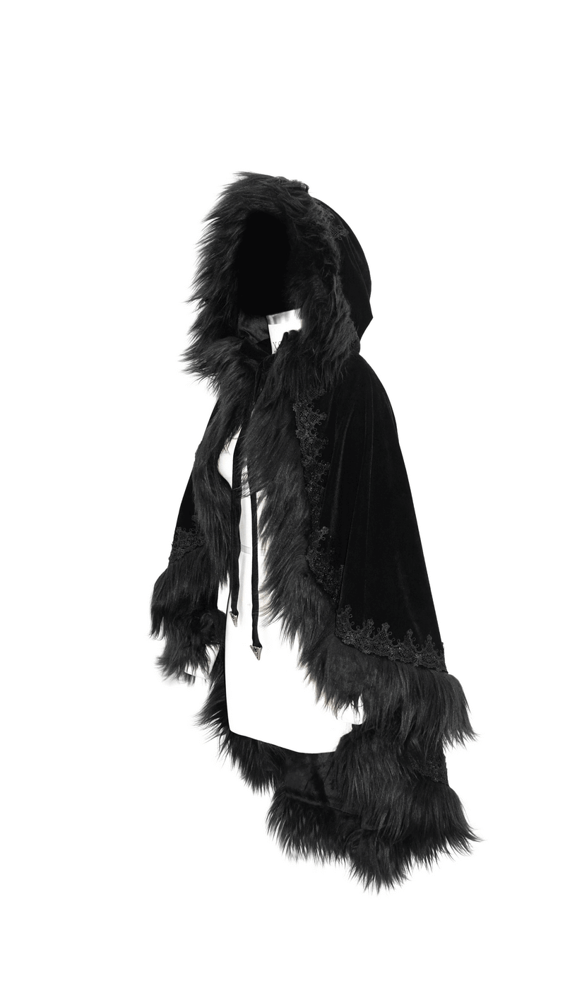 Women's black velvet gothic cloak with fur trim and hood, perfect for stylish outfits and warm comfort.