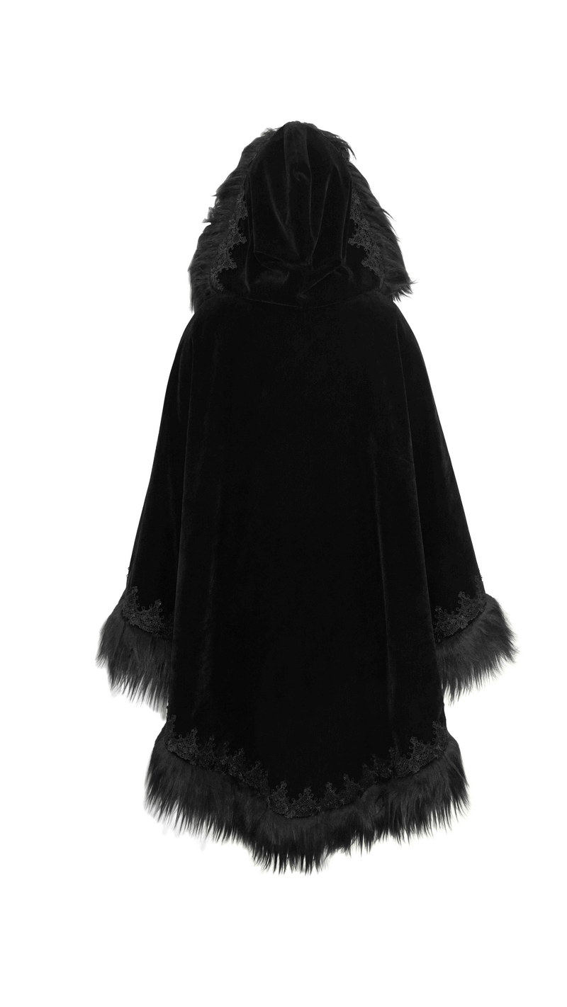Back view of women's black velvet gothic cloak with hood and fur trim for a stylish look.