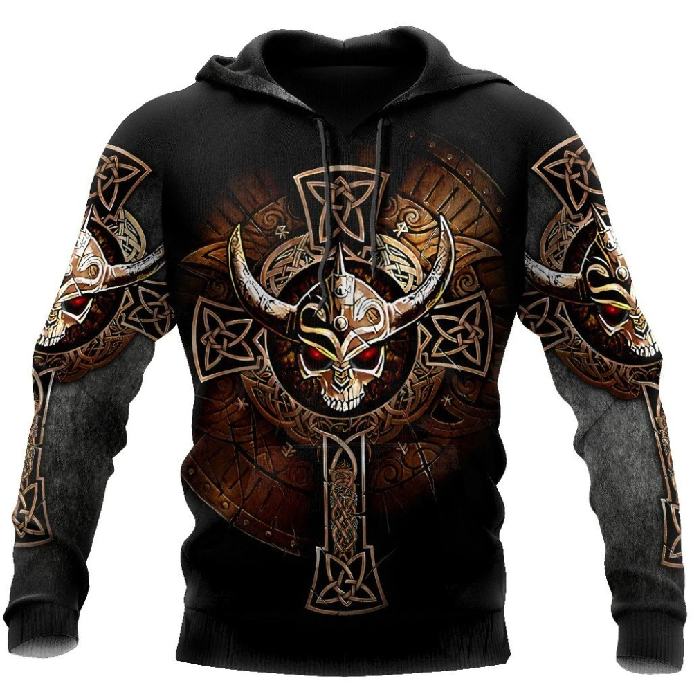 Men's gothic hoodie featuring 3D Viking skull print and intricate designs, ideal for stylish fashion enthusiasts.