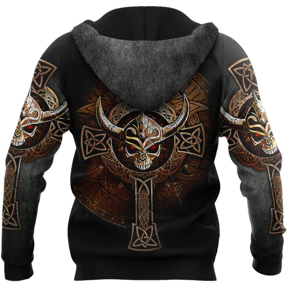 Men's pullover hoodie featuring a 3D print of Viking skulls and intricate Gothic designs, perfect for stylish outfits.