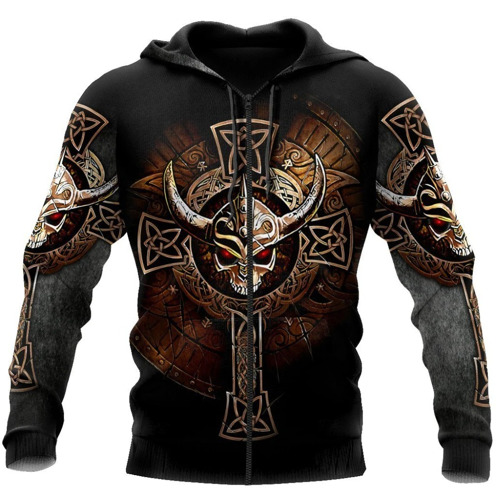 Men's gothic hoodie with 3D Viking skull print, featuring intricate designs and a stylish pullover fit.