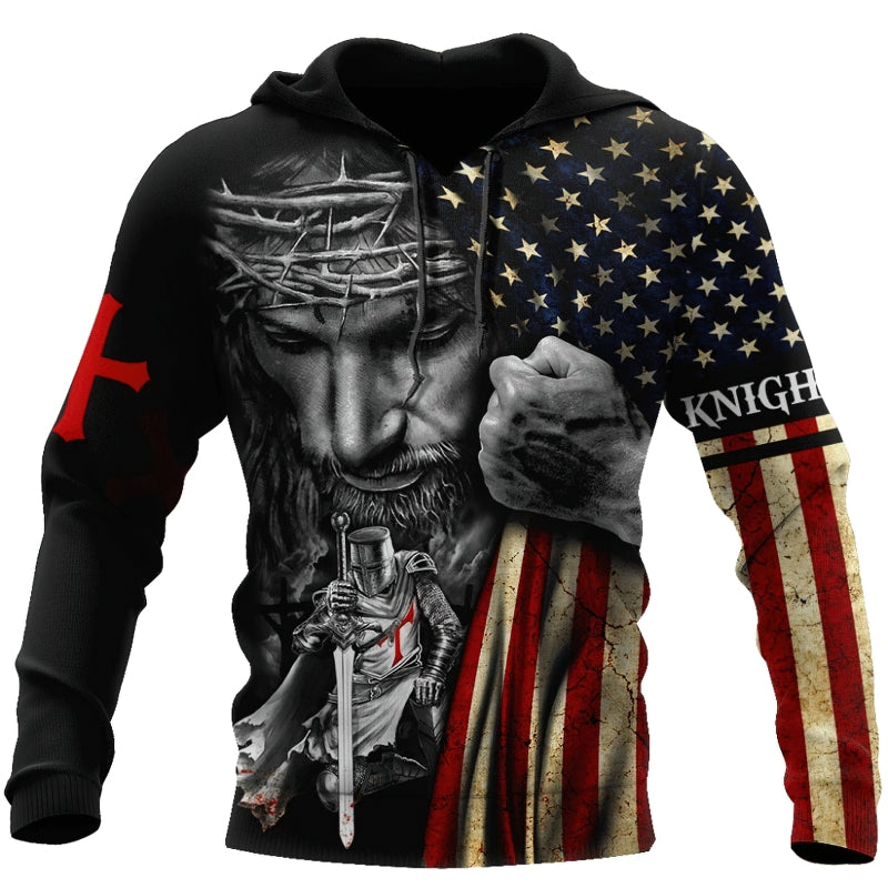 Fashion hoodie featuring 3D print of Jesus and knight design with American flag motifs, ideal for patriotic style.