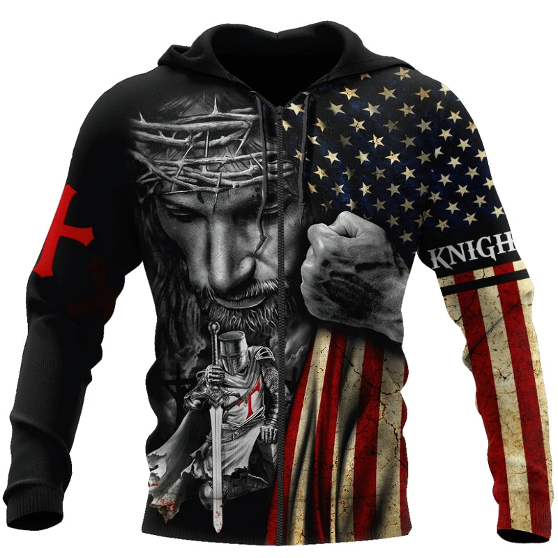 Fashion hoodie with 3D print of knight and Jesus, featuring American flag and symbols.