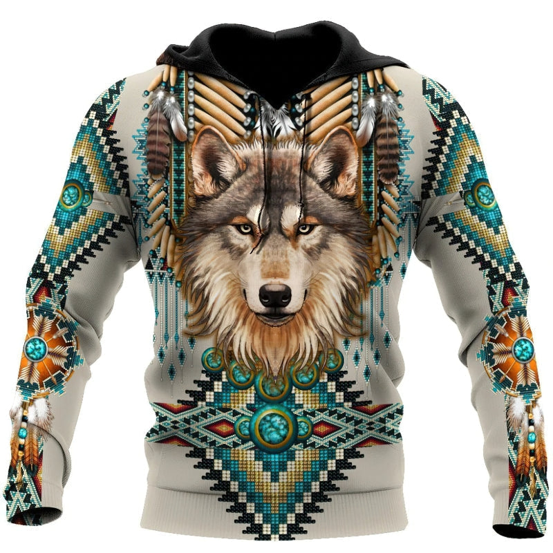 Fashion hoodie featuring a striking 3D wolf print and tribal patterns, perfect for casual wear for men and women.