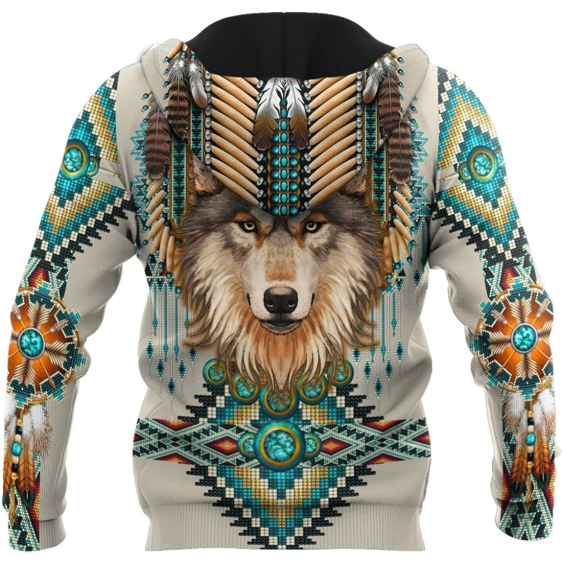 Stylish 3D printed wolf hoodie featuring Native American designs, perfect for casual wear.