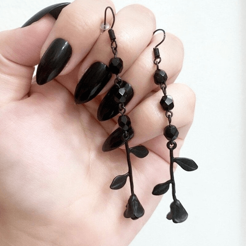 Women’s Gothic black rose beaded earrings showcasing an elegant design, perfect for adding flair to any outfit.