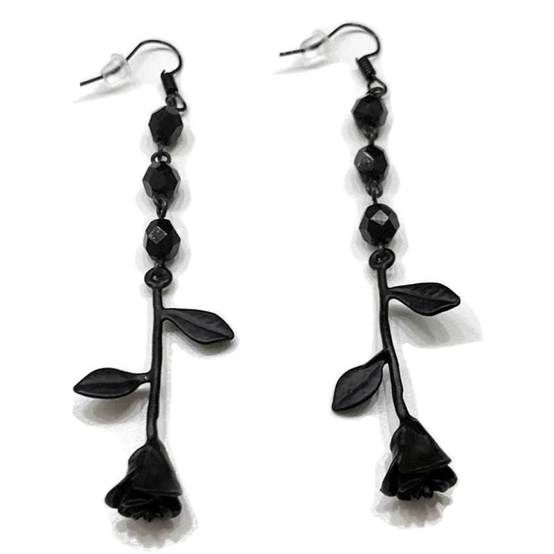 Fashion Inverted Rose Beaded Earrings / Glamour Black Earrings / Gothic Ladies Jewelry