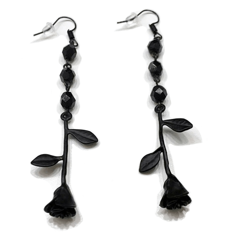 Fashion inverted black rose beaded earrings, perfect for gothic style and women's jewelry.