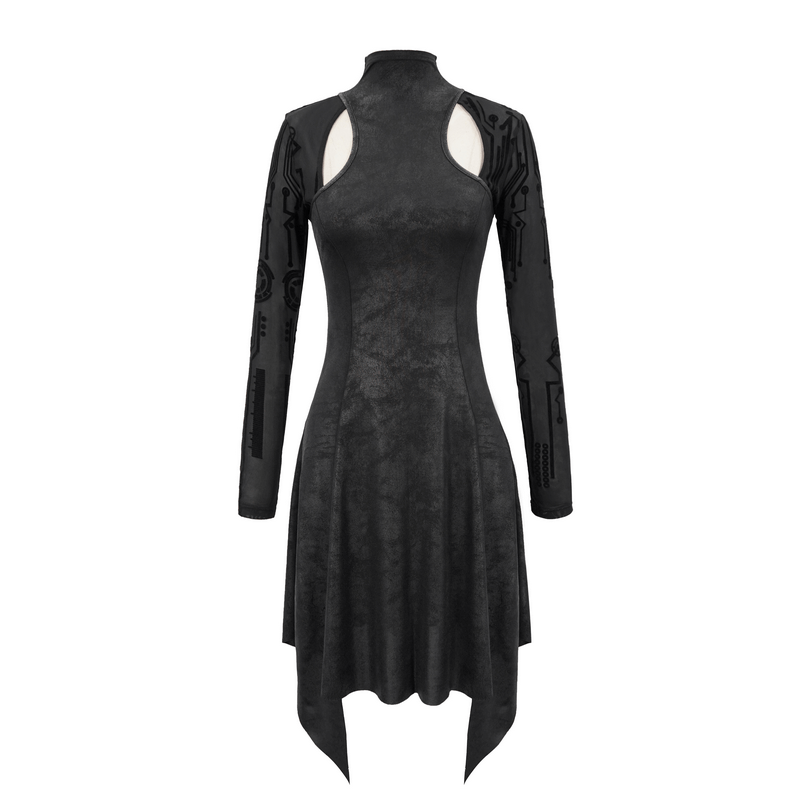Black asymmetrical velvet dress with mesh sleeves, perfect for gothic and cyberpunk fashion enthusiasts.