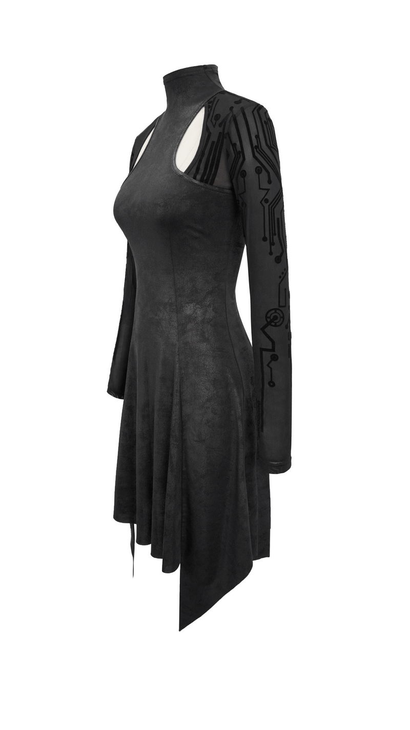 Black asymmetrical velvet dress with mesh sleeves, featuring a futuristic cyberpunk design.