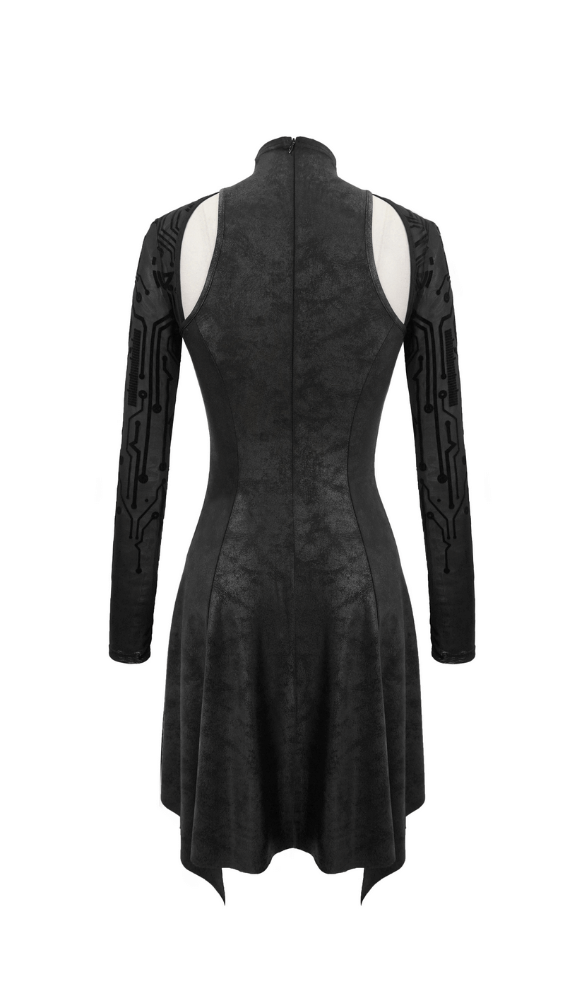 Back view of a black asymmetrical velvet dress with mesh sleeves in a gothic cyberpunk style.