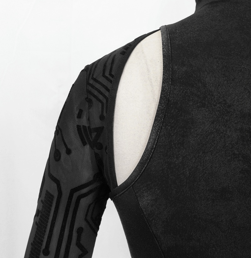 Close-up of black velvet dress with mesh sleeves featuring cyberpunk designs and an asymmetrical cut.