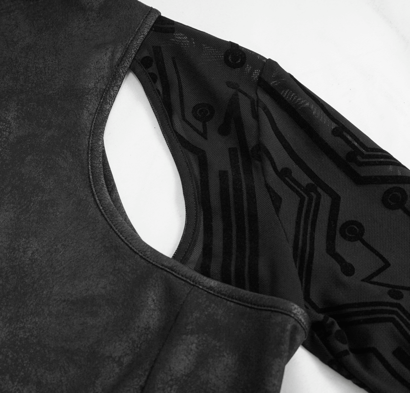 Close-up of black asymmetrical dress with mesh sleeves featuring a cyberpunk circuit pattern design.