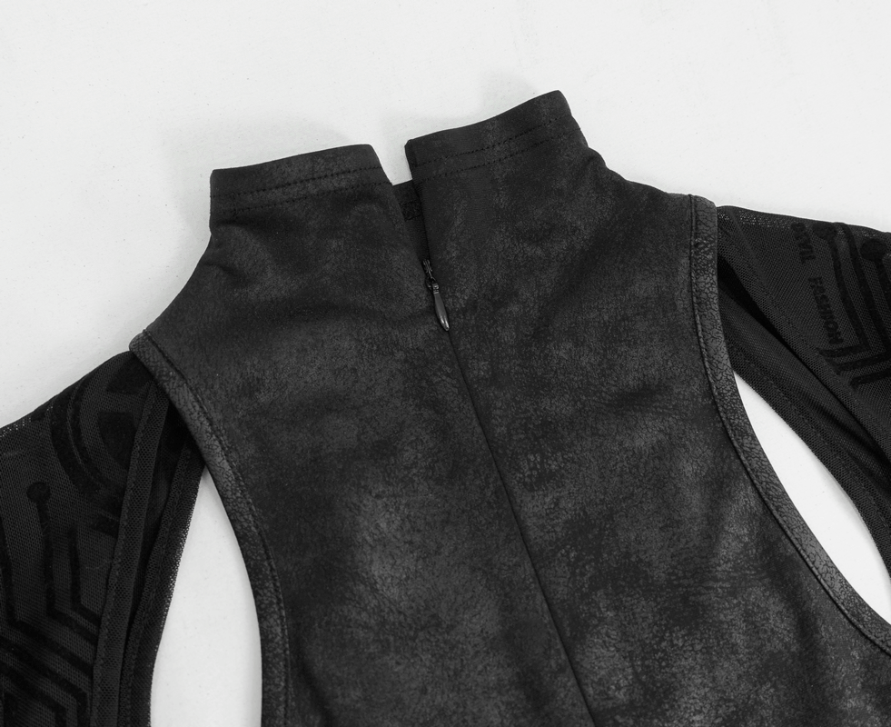 Close-up of a stylish black dress with a high collar and zip detail, showcasing its unique texture and modern design.