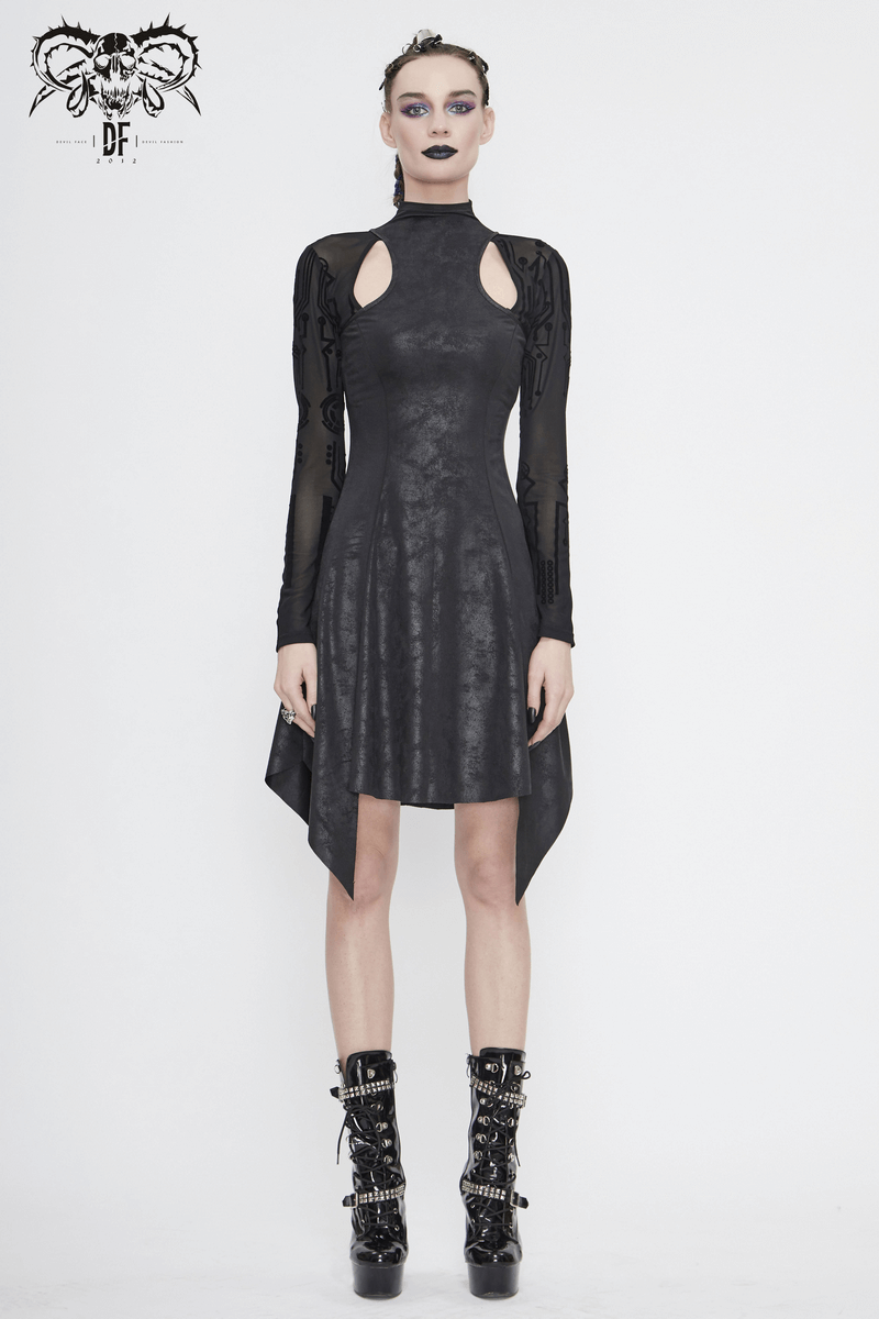 Black asymmetrical velvet dress with mesh sleeves, showcasing gothic style and trendy design, perfect for a unique wardrobe.