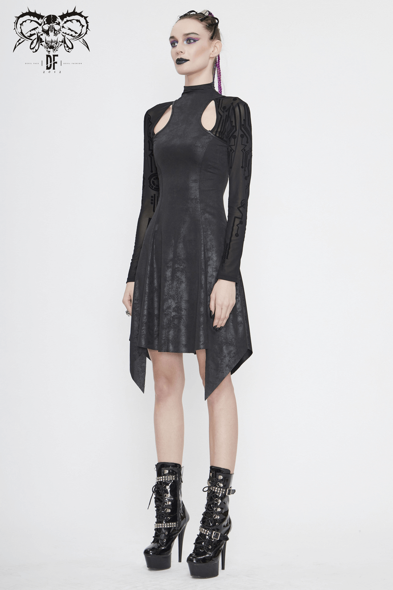 Stylish woman in black asymmetrical velvet dress with mesh sleeves, showcasing gothic cyberpunk fashion.